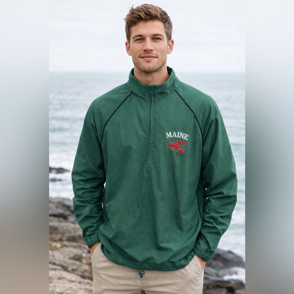 Turfer Sport Men’s Maine Lobster Embroidered Green Quarter-Zip Windbreaker Sz M